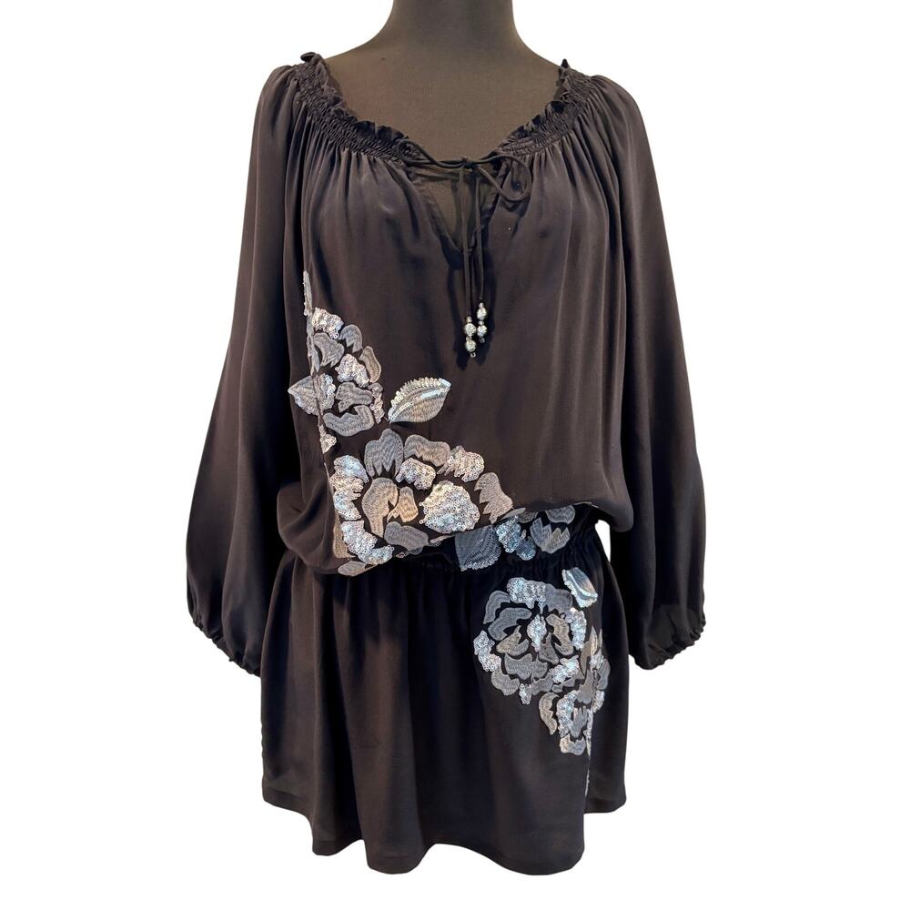 Cache Silk Black Silver Sequin Embellished Tunic Boho Top Elastic Waist L